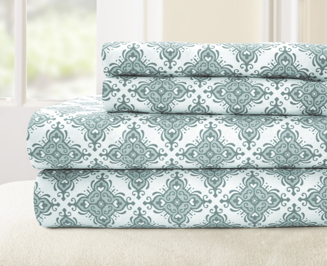 T200 100% Cotton Printed 4 Piece Sheet Set - Casablanca Blue King