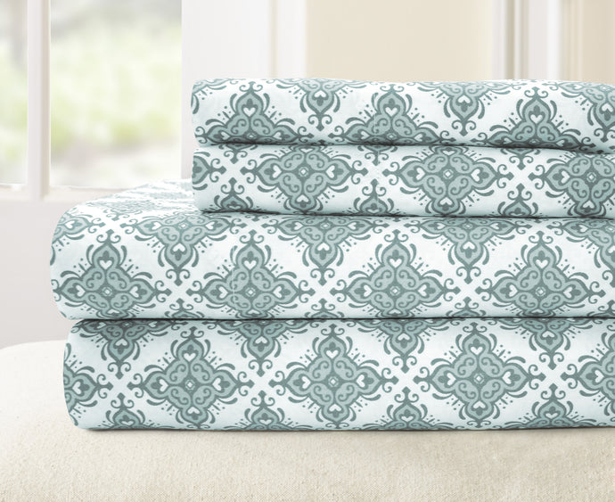 T200 100% Cotton Printed 4 Piece Sheet Set - Casablanca Blue Queen