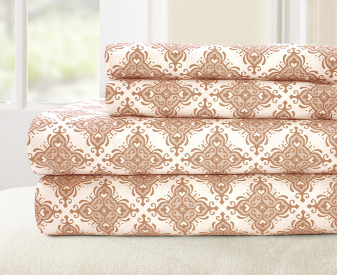 T200 100% Cotton Printed 4 Piece Sheet Set - Casablanca Coral King