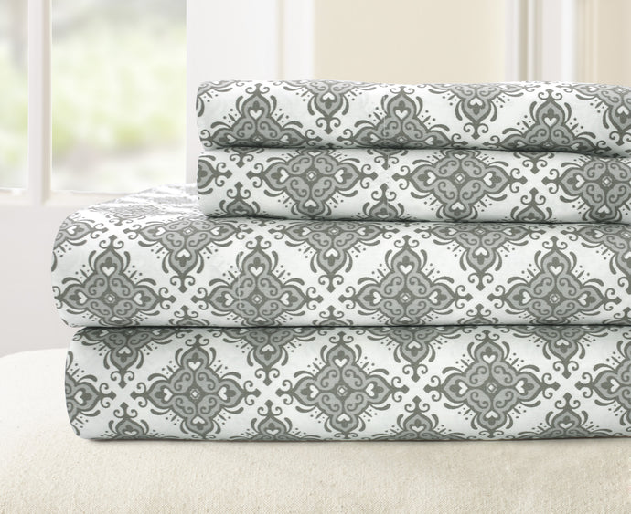 T200 100% Cotton Printed 4 Piece Sheet Set - Casablanca Grey California King