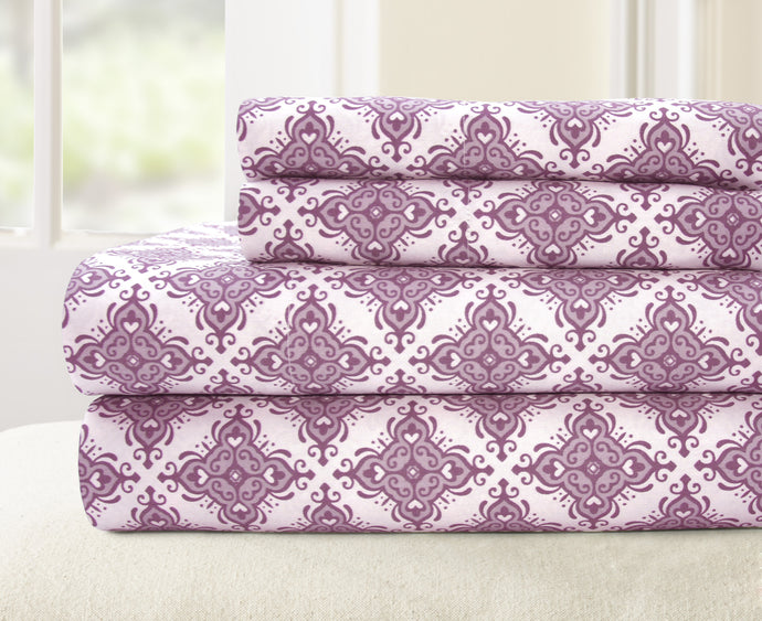 T200 100% Cotton Printed 4 Piece Sheet Set - Casablanca Lavender Queen
