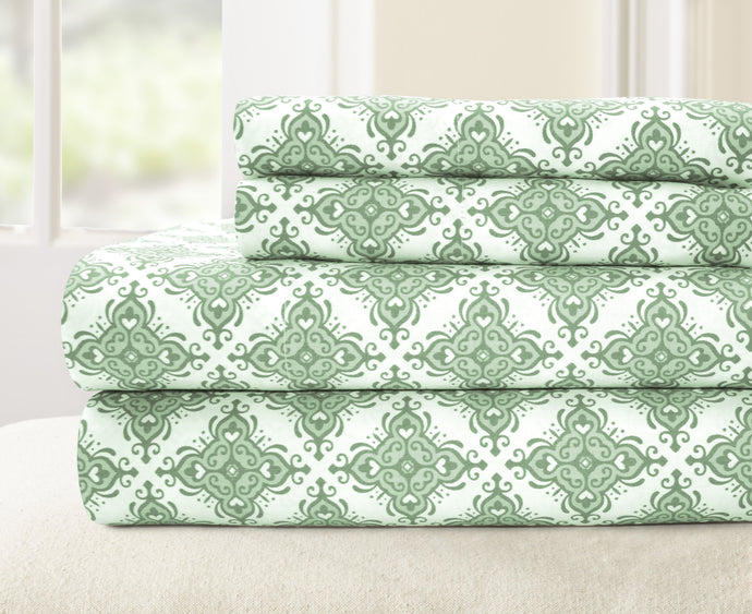 T200 100% Cotton Printed 4 Piece Sheet Set - Casablanca Sage Full