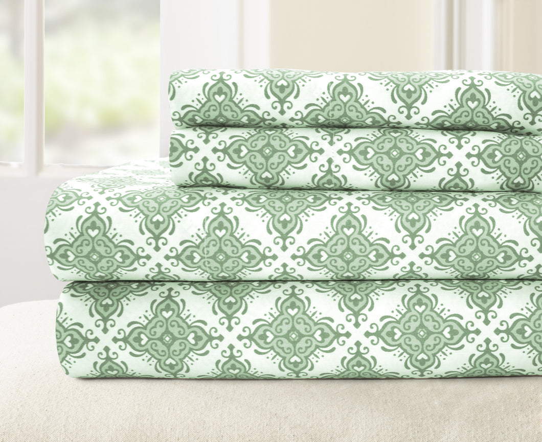 T200 100% Cotton Printed 4 Piece Sheet Set - Casablanca Sage Queen