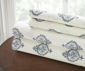 T200 100% Cotton Printed 4 Piece Sheet Set  Medallion Blue Queen