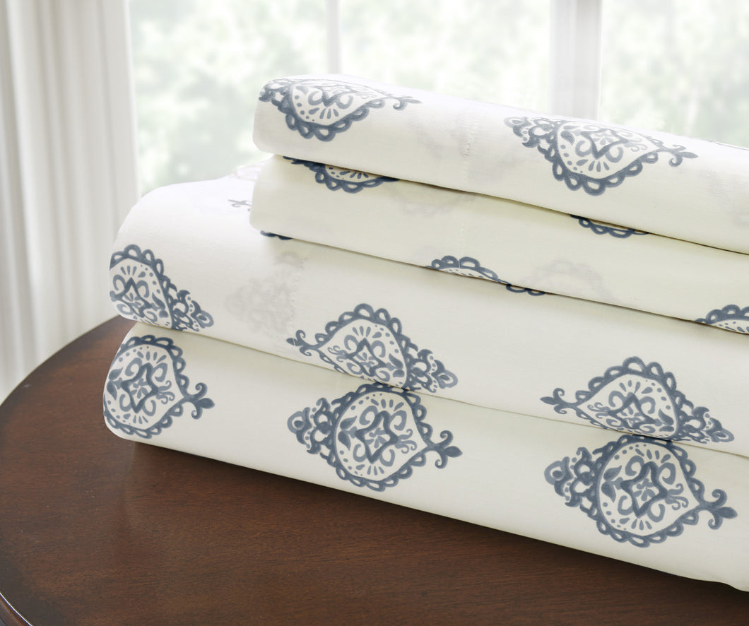 T200 100% Cotton Printed 4 Piece Sheet Set  Medallion Blue Queen