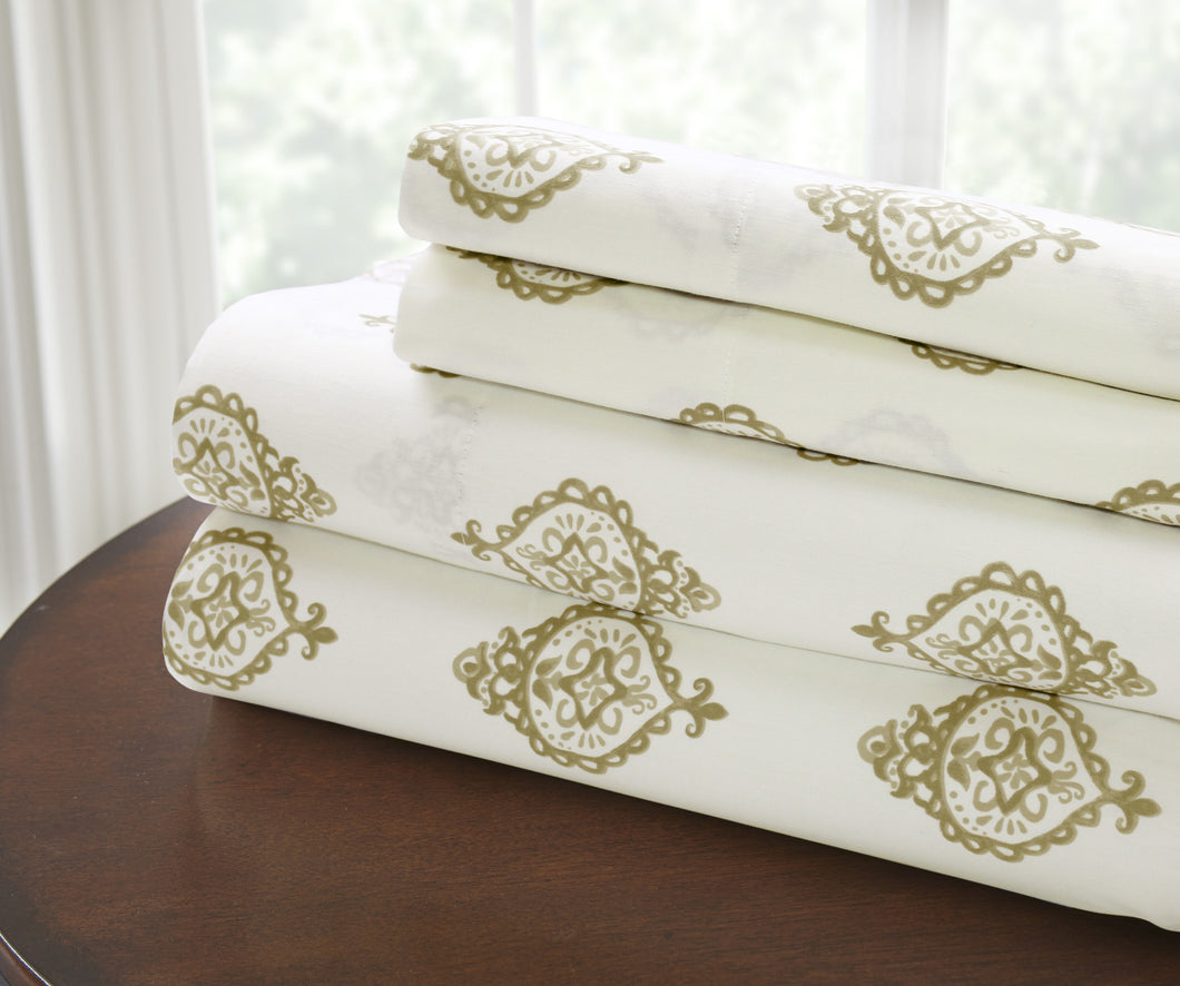 T200 100% Cotton Printed 4 Piece Sheet Set  Medallion Coral King