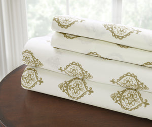 T200 100% Cotton Printed 4 Piece Sheet Set  Medallion Coral Queen