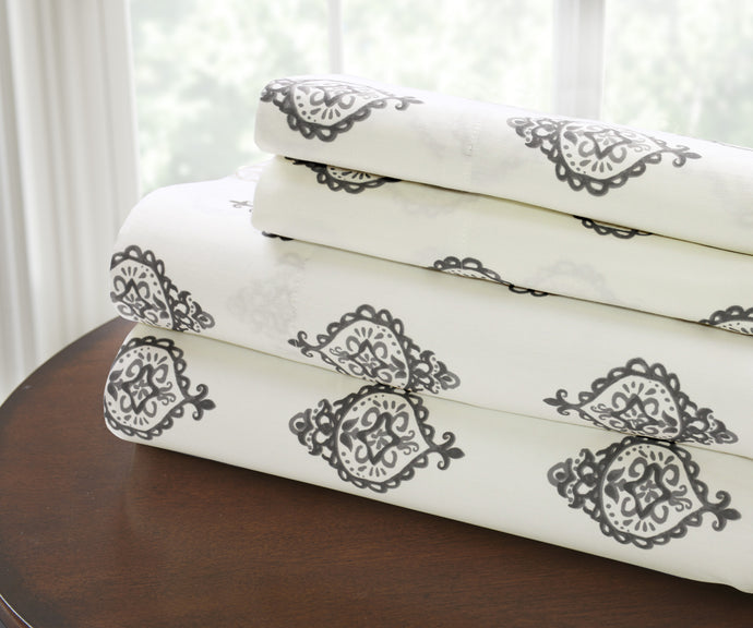 T200 100% Cotton Printed 3 Piece Sheet Set  Medallion Grey Twin