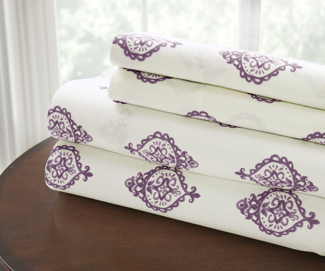 T200 100% Cotton Printed 4 Piece Sheet Set  Medallion Lavender California King