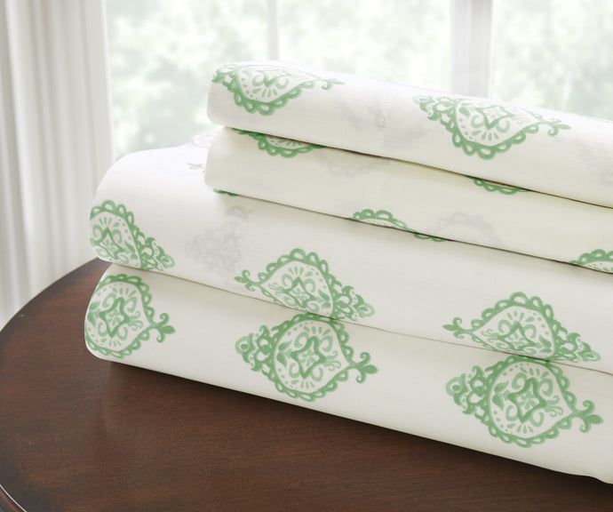 T200 100% Cotton Printed 4 Piece Sheet Set  Medallion Sage Queen