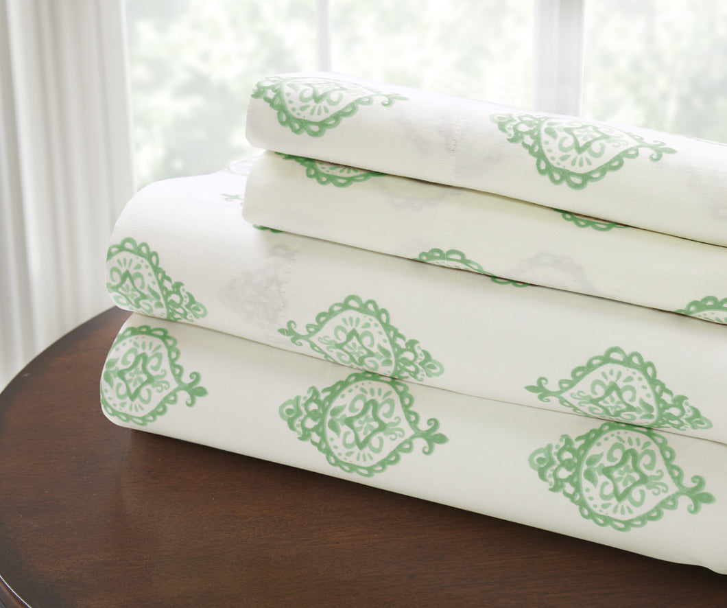 T200 100% Cotton Printed 4 Piece Sheet Set  Medallion Sage California King
