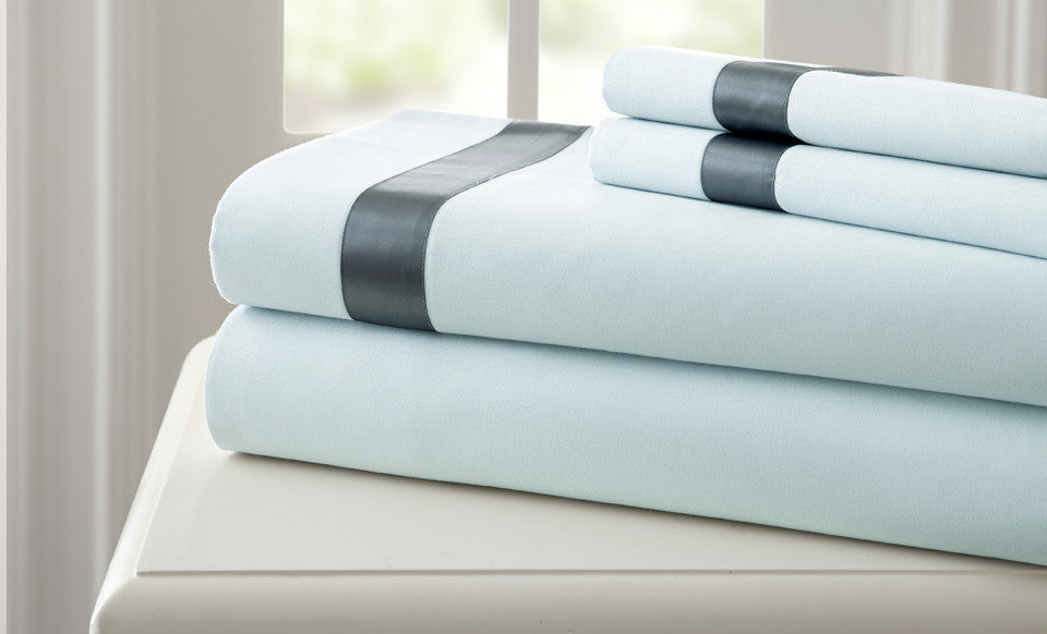 T400 100% Cotton 4 Piece Sheet Set with satin band Blue/Celestial Blue King