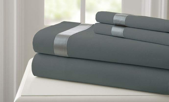 T400 100% Cotton 4 Piece Sheet Set with satin band Charcoal/Silver Queen
