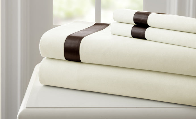 T400 100% Cotton 4 Piece Sheet Set with satin band Ivory/Mocha California King