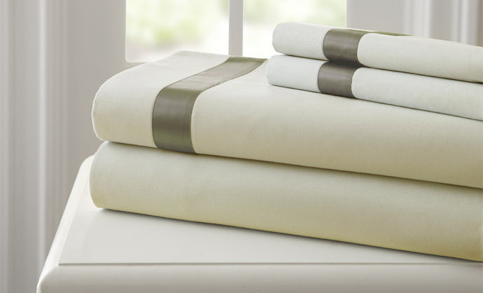 T400 100% Cotton 4 Piece Sheet Set with satin band Linen/Taupe Queen