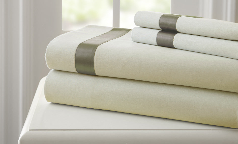 T400 100% Cotton 4 Piece Sheet Set with satin band Linen/Taupe King