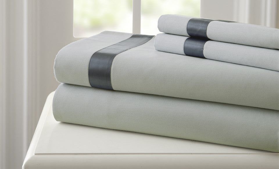 T400 100% Cotton 4 Piece Sheet Set with satin band Silver/Charcoal Queen