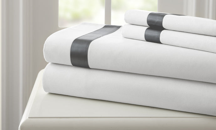 T400 100% Cotton 4 Piece Sheet Set with satin band White/Gray King