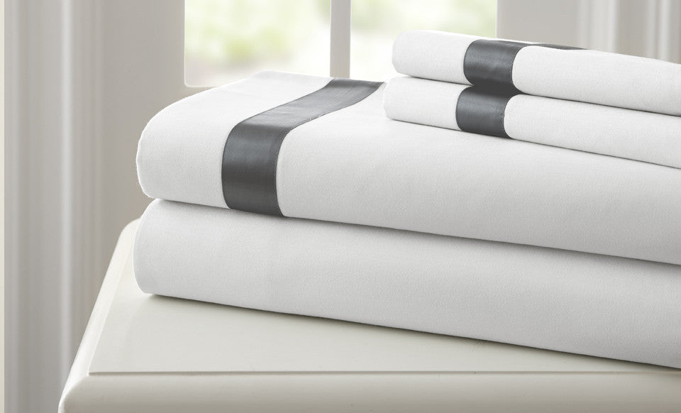 T400 100% Cotton 4 Piece Sheet Set with satin band White/Gray King