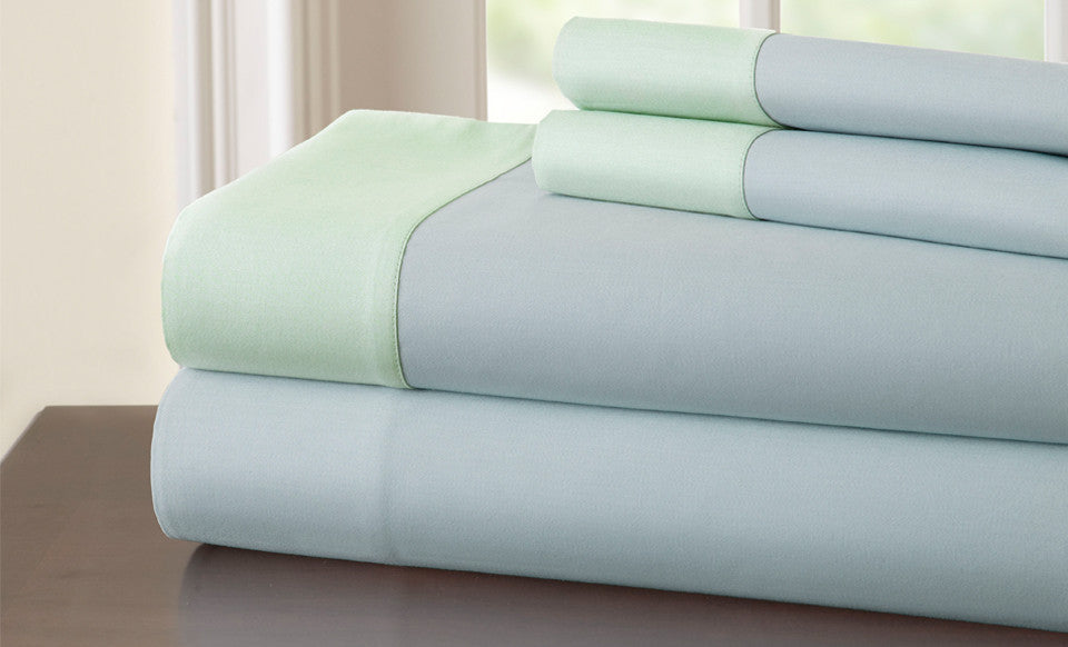 T400 100% Cotton 4 Piece Sheet Set with contrast hem Blue/Soft Jade King