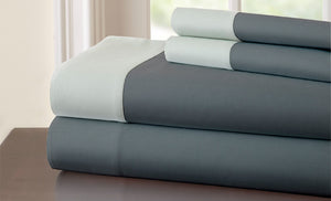 T400 100% Cotton 4 Piece Sheet Set with contrast hem Charcoal/Silver Queen
