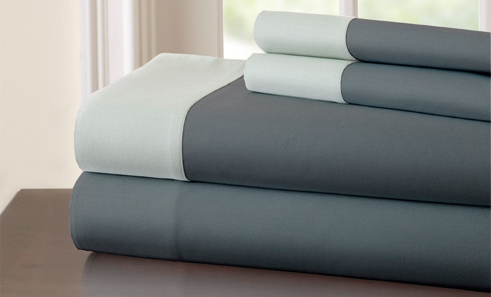 T400 100% Cotton 4 Piece Sheet Set with contrast hem Charcoal/Silver Queen