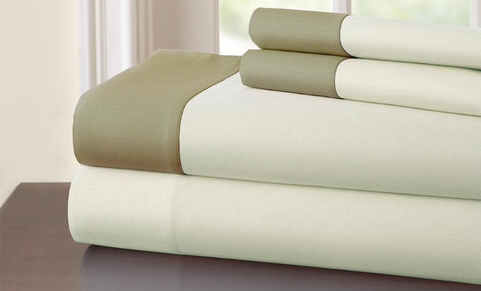T400 100% Cotton 4 Piece Sheet Set with contrast hem Ivory/Taupe King