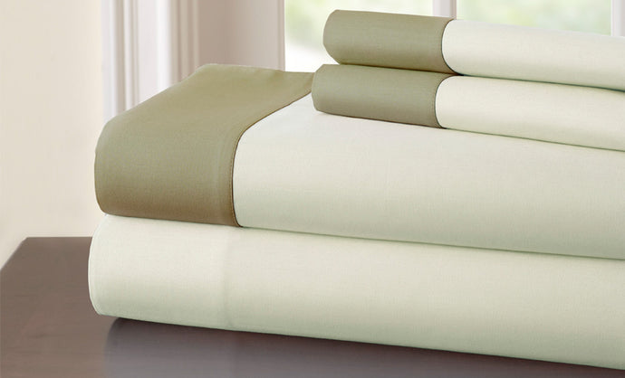 T400 100% Cotton 4 Piece Sheet Set with contrast hem Ivory/Taupe California King