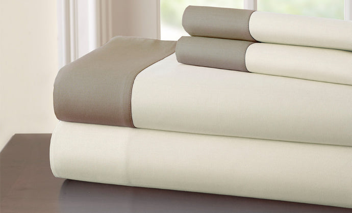 T400 100% Cotton 4 Piece Sheet Set with contrast hem Linen/Mocha Queen