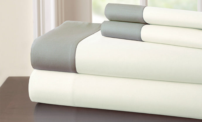 T400 100% Cotton 4 Piece Sheet Set with contrast hem White/Gray Queen