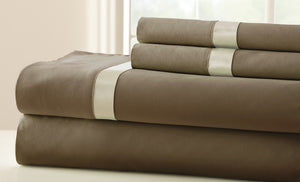100% Cotton 4-Piece Sheet Set With Satin Band Mocha/Pristine Queen