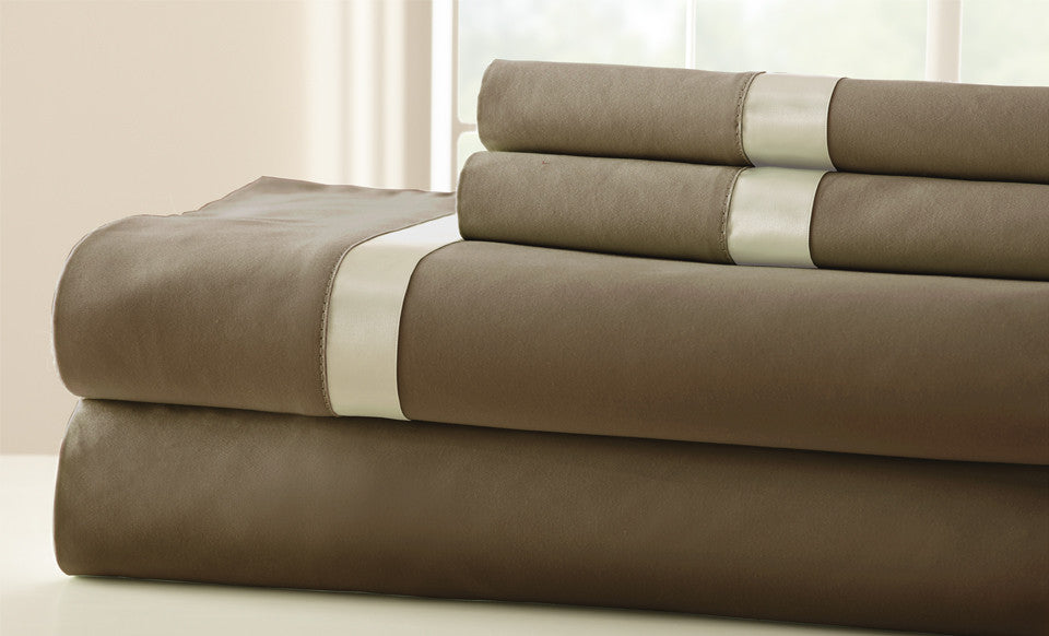 100% Cotton 4-Piece Sheet Set With Satin Band Mocha/Pristine Queen