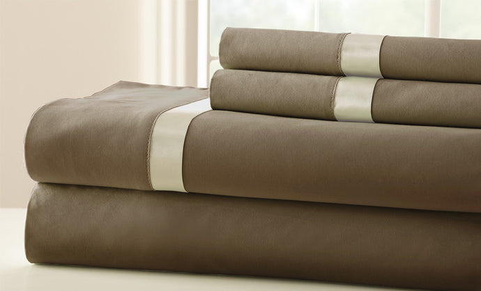 100% Cotton 4-Piece Sheet Set With Satin Band Mocha/Pristine King
