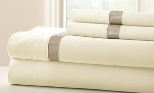 100% Cotton 4-Piece Sheet Set With Satin Band Pristine/Mocha Queen
