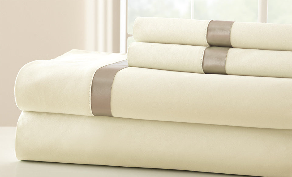 100% Cotton 4-Piece Sheet Set With Satin Band Pristine/Mocha Queen