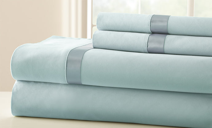 100% Cotton 4-Piece Sheet Set With Satin Band Sterling Blue/Celestial Blue King