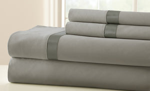 100% Cotton 4-Piece Sheet Set With Satin Band Silver/Graphite Queen