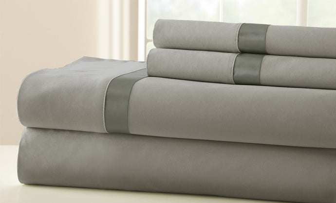 100% Cotton 4-Piece Sheet Set With Satin Band Silver/Graphite Queen