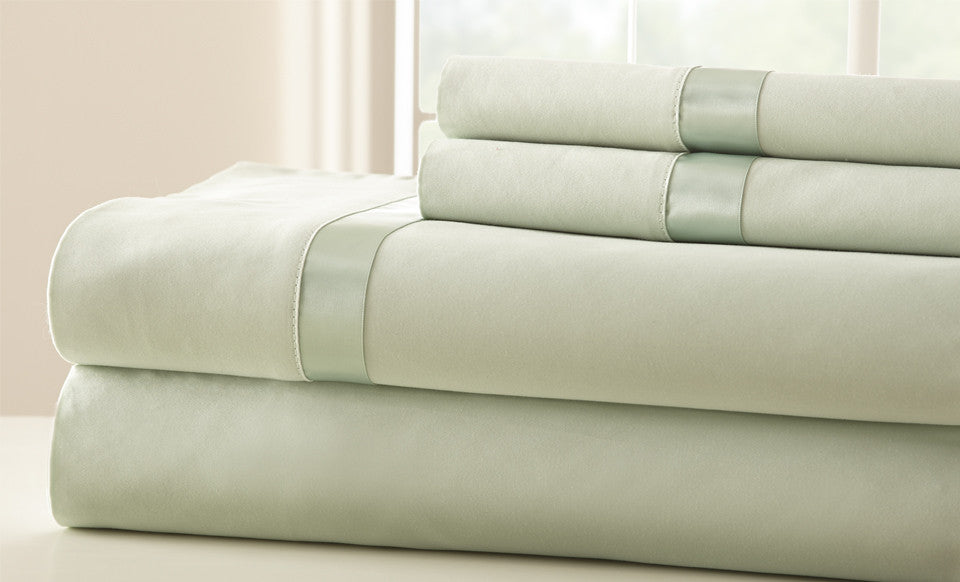 100% Cotton 4-Piece Sheet Set With Satin Band Soft Jade/Med Jade King