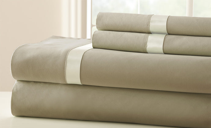 100% Cotton 4-Piece Sheet Set With Satin Band Taupe/Pristine Queen