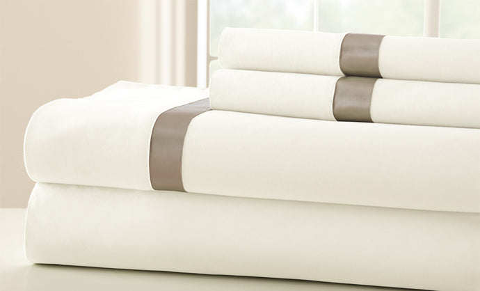 100% Cotton 4-Piece Sheet Set With Satin Band White/Silver Queen