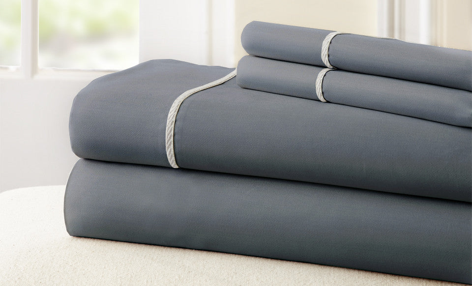 T400 100% Cotton 4 Piece Sheet Set with Rope hem Charcoal/White King
