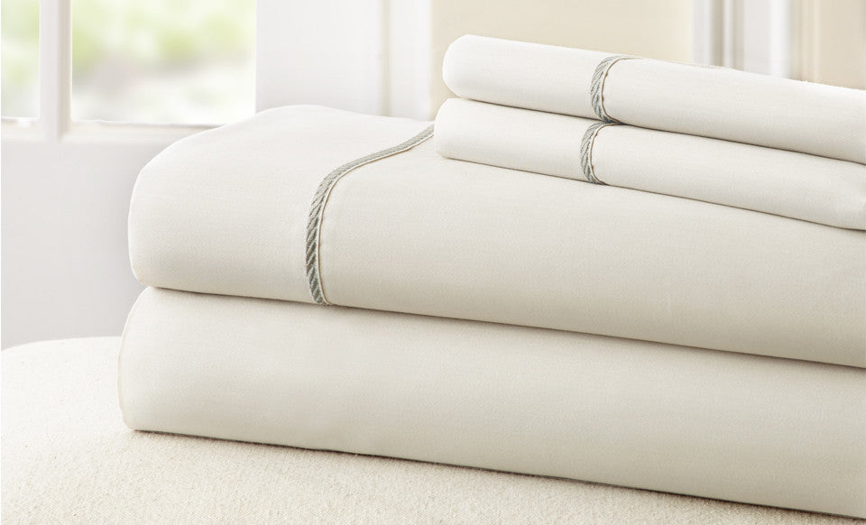 T400 100% Cotton 4 Piece Sheet Set with Rope hem White/Gray Queen