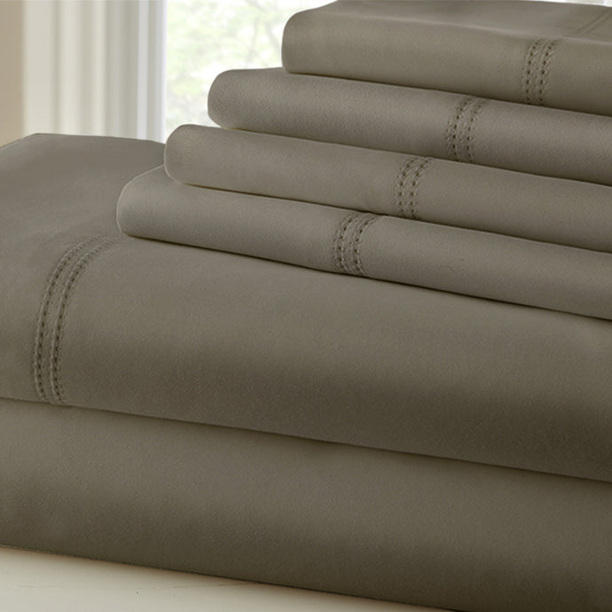 Symphony 1000 Thread Count Blend Double Hem Stitch 6-Piece Sheet Set Queen Khaki