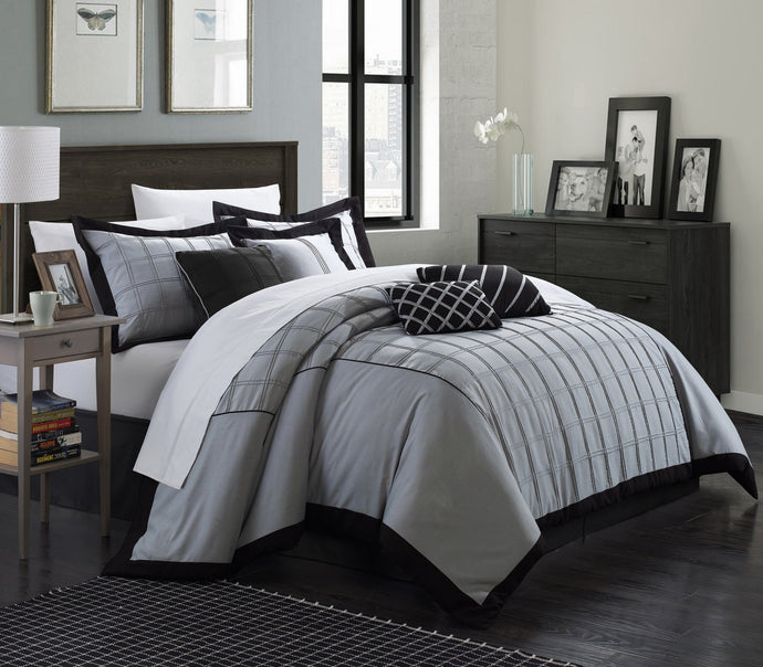 Chic Home Oversized and Overfilled Rebecca Pintuck Color Block Black Queen 12-Piece Bed in a Bag Comforter Set with 4-piece sheet set