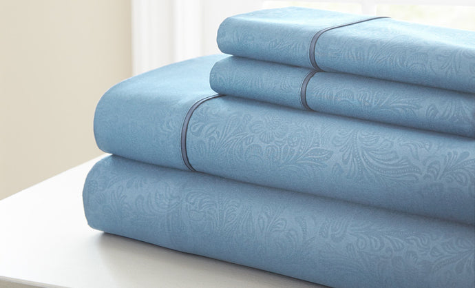 4 Piece Embossed Sheet Set Floral Light Blue King