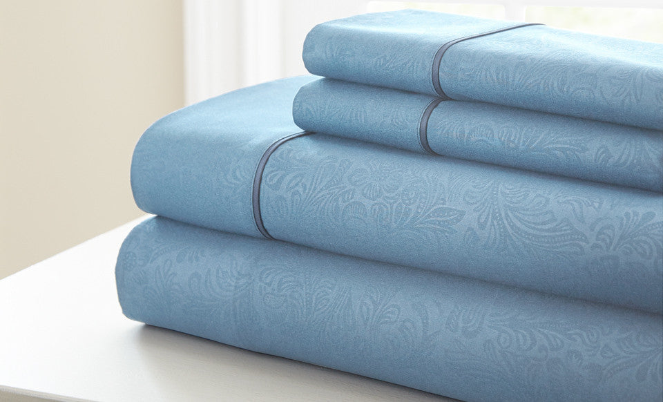 4 Piece Embossed Sheet Set Floral Light Blue King