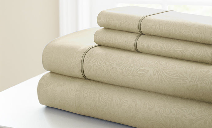 4 Piece Embossed Sheet Set Floral Champagne Queen