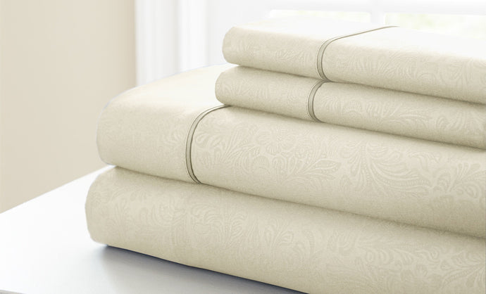 4 Piece Embossed Sheet Set Floral Ivory King
