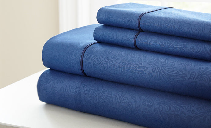 4 Piece Embossed Sheet Set Floral Navy King